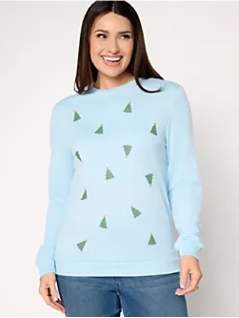 Muk Luks Light Blue Crewneck Sweater with Green Tree Motifs